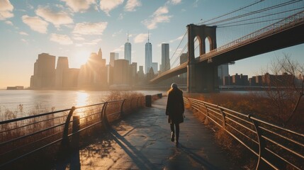 a person walking on a walkway with a bridge and a city in the background