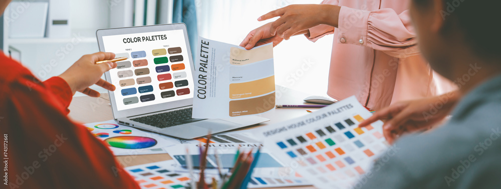 Poster a portrait of creativity graphic designer team select appropriate color for the project by using lap