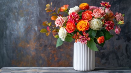 beautiful white vase on a table with an arrangement of autumn flowers generative ai