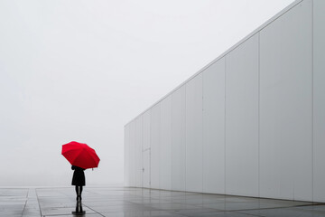 A  woman in a white building holding a red umbrella.
