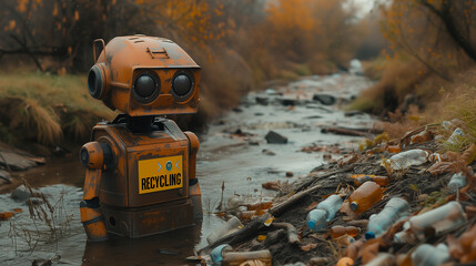 Rusty robot standing in small river and collecting plastic bottles for recycling and cleaning nature and planet from pollution. Generative AI - 743172808