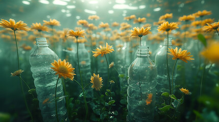 Wildflowers growing from plastic bottle thrown away in field. Pollution of nature concept, Generative Ai - 743172817