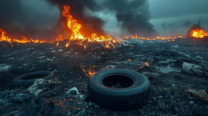 Landfill in fire and smoke, tires and waste burning, Ecological disaster and huge air and earth pollution. Generative AI - 743172861