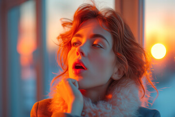 Woman in fur collar looking out window, looks stoned, possibly under LSD