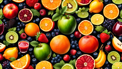 frisches Obst gesunde exotische Früchte dynamisch mit Wasser in Bewegung voller Energie und Vitalität vegan vegetarische Ernährung natürliche Nahrung sommerlich klar und vital Fitness für Körper - obrazy, fototapety, plakaty