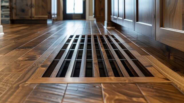 A ventilation system integrated into hardwood flooring, featuring a heating grid