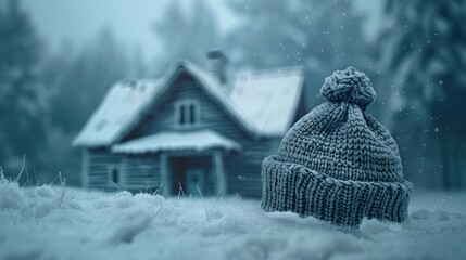 Conceptual depiction of a house in winter, showcasing both the heating system concept and the cold, snowy weather. Model of the house is adorned with a knitted cap, adding a cozy touch to the scene