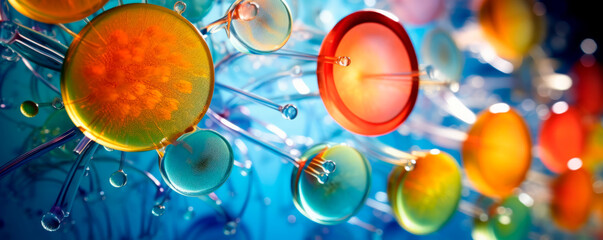 A dynamic 3D representation of various colorful molecular or cellular structures on a reflective surface, illustrating the complexity and diversity of microscopic life forms.