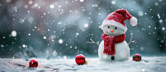A snowman with a carrot nose, coal eyes, and a big smile, wearing a red Santa hat and striped scarf in a winter setting.