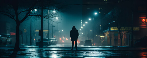 A solitary figure walks on a rain-slicked street at night, enveloped in fog and urban glow. Streetlights cast a hazy illumination, evoking a film noir vibe. - obrazy, fototapety, plakaty