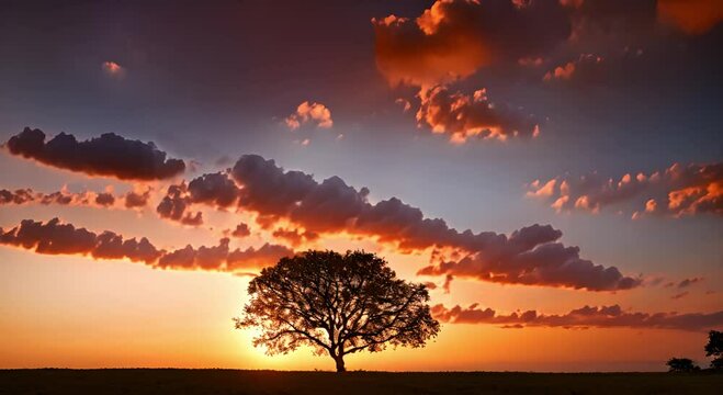 The silhouette of a solitary tree is bathed in the warm, fiery tones of a sunset-lit sky.  