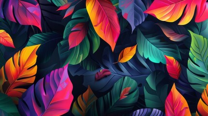 Abstract Vibrant Tropical Background with Colorful Leaves and Artistic Design Patterns