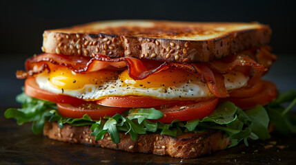 a close up of a sandwich with eggs , bacon , tomatoes and lettuce on a table