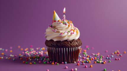 Magical Birthday Moment: Chocolate Cupcake with Lit Candle and Colorful Sprinkles