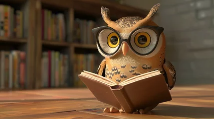 Fototapeten cute cartoon owl reading a book in a library © Christopher