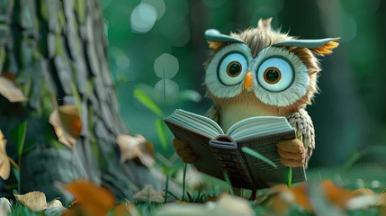 Deurstickers cute cartoon owl reading a book © Christopher