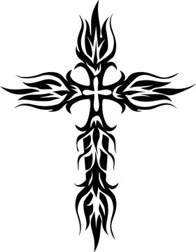 Bold Black Tribal Cross Design with Intricate Flames for Tattoos and Artwork