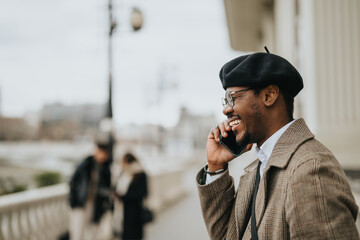 Joyful African American man in smart casual attire enjoying a conversation on his smart phone with...