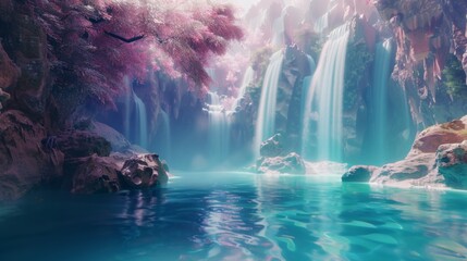 Superhero, Woozie and Abstract Background Converge in a Serene Pool Setting Enhanced by Lustrous Waterfalls and Enigmatic Rocks