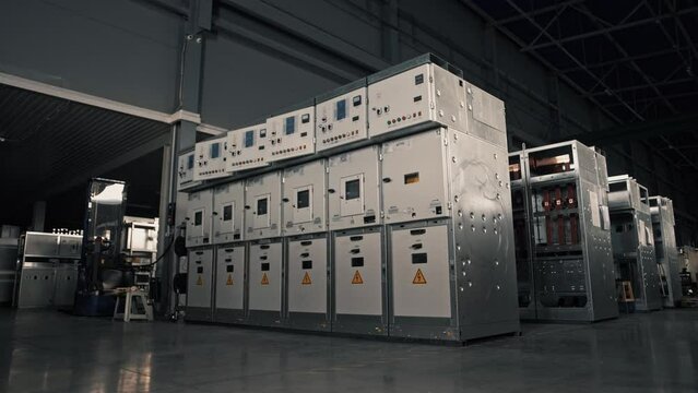 Large electrical distribution boards in the assembly shop at an electrical equipment manufacturing facility. Without people 