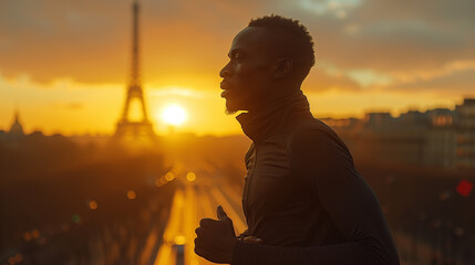 Portrait of black man sprinter giving his all in the race for Olympic gold near the Eiffel Tower - obrazy, fototapety, plakaty