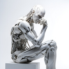 robot, statue, cyborg sitting and thinking as david