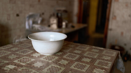 Kitchen background with copy space for text, Dough bowl on empty kitchen table