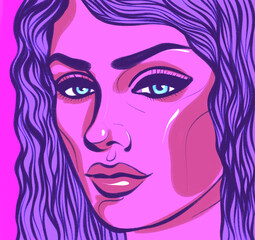 portrait of a beautiful girl who is looking. linear drawing in purple color