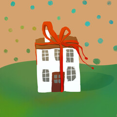 drawn house gift. illustration of house exterior on meadow