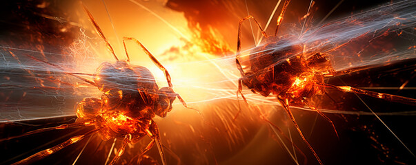 Fototapeta premium Digital render of vibrant red cells attacked by blue viruses in a high-energy scene, symbolizing infection and defense. Wide-angle, dramatic, thematic.