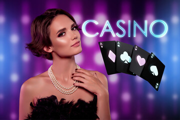Creative collage picture of lovely elegant lady casino gambler ace cards combination isolated on...