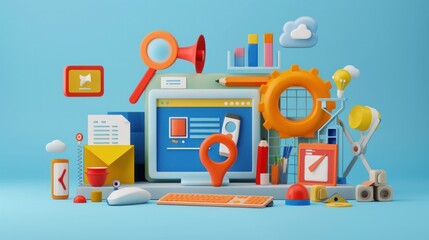 Design and development of web user interface and experience, with a focus on web application design, coding, and website construction, depicted against a blue background. 3D vector illustration
