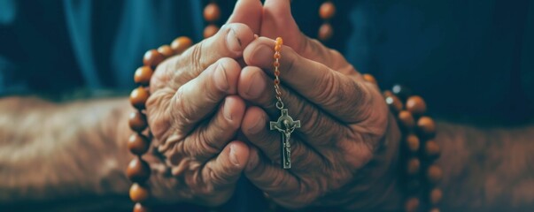 Woman hands holding a rosary and praying - obrazy, fototapety, plakaty