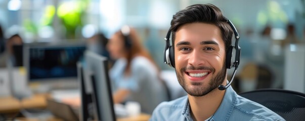 Obraz premium Telemarketing service concept. Communication centre with calling man