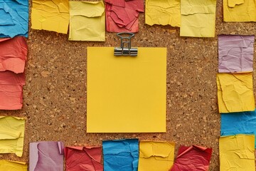 Variety of colorful post it notes arranged on cork bulletin board