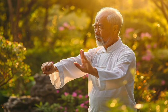 A man practicing tai chi in a peaceful garden, with a look of tranquility on his face --ar 3:2 --v 6 Job ID: 4f800aaf-f99a-4310-98df-4de4beacc56c