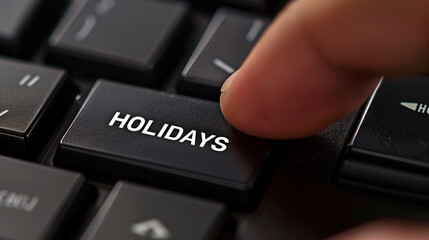 Finger pressing an imaginary "Holidays" button on a computer keyboard. 