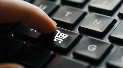 Finger pressing an imaginary "Shopping" button on a computer keyboard. 