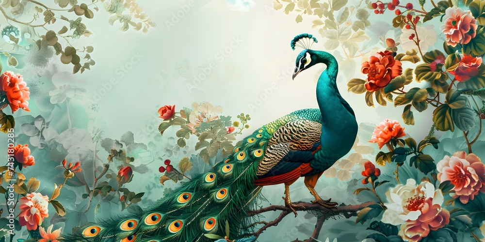 Wall mural large royal peacock with an open tail in exotic flowers, vintage style. digital illustration for t s