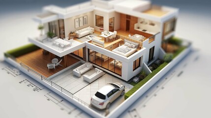 Architectural model home design with 3d visualization and floorplan, modern residential development concept