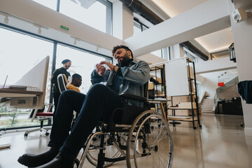 A modern office setting showcasing diversity and inclusion with an employee in a wheelchair and teamwork in the background.