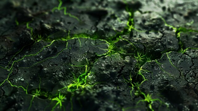 Superhero woozie abstract background with cracked earth texture and enhanced green glow