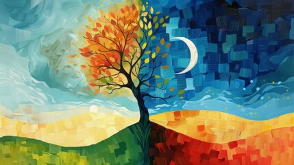 Abstract and Contrasting Day Art with a Colorful Tree Under a Moon in Nature Using Geometric Patterns
