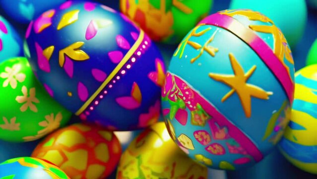 Brightly colored Easter eggs close up. Concept of Easter celebration, springtime festivity, and holiday decorations. Motion