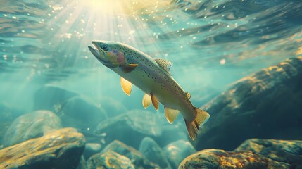 Rainbow trout swims in the water column in a mountain river. Wild fish fishing concept.