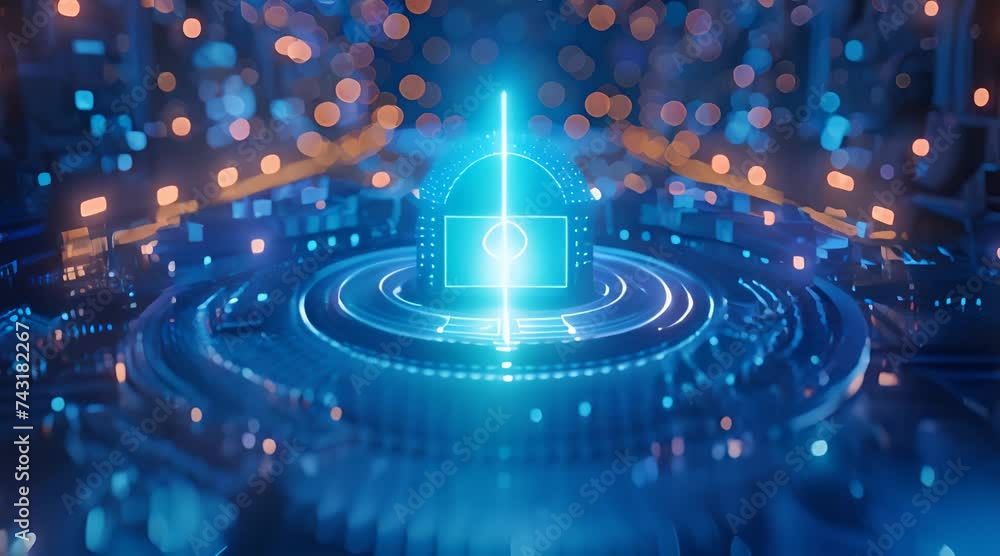Poster digital lock icon, intricately designed and illuminated in blue, symbolizing robust security feature