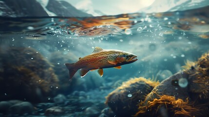 Rainbow trout swims in the water column in a mountain river. Wild fish fishing concept. - obrazy, fototapety, plakaty