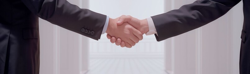 strong handshake of two men in business suits, business concept	

