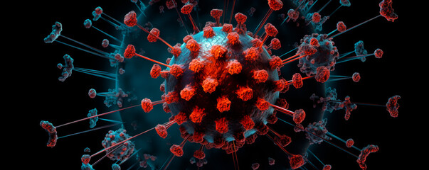 A striking 3D visualization presents the coronavirus with red spikes on a teal blue envelope, offering a detailed view  virus's structure, pivotal for understanding its biology and impact on health. - obrazy, fototapety, plakaty