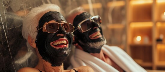 Fototapeta na wymiar Two senior men, wearing black facial masks, sit next to each other in a sauna. They are relaxing and enjoying the experience, sharing laughter and conversation.